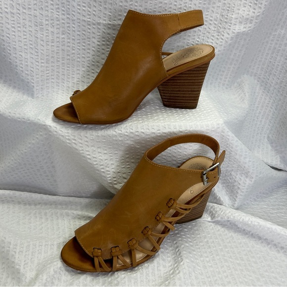 Vince Camuto 8 38 Peek Toe Stacked Square Heel Leather Braid VC-ANKARA Caramel - Picture 3 of 8